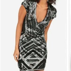 Express size XS sequins silver and black dress bodycon v-neck